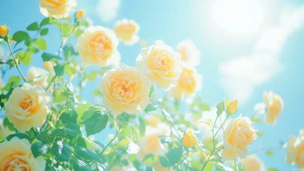 A field filled with yellow roses swaying gently in the breeze under a bright blue sky.