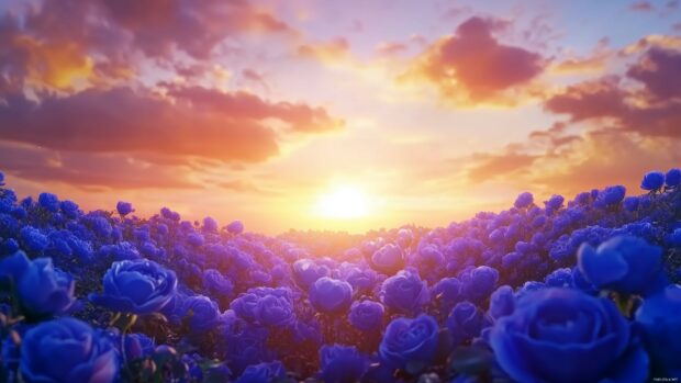 A field of blue roses stretching into the horizon, with a vibrant sunset in the background.