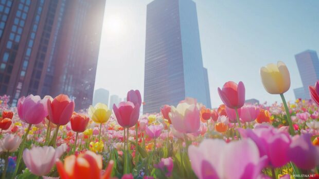 A field of colorful tulips in soft focus, with a bright sky fading into a clean.