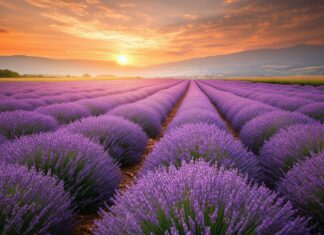 A field of vibrant lavender flowers stretching into the horizon under a glowing golden hour sky, desktop wallpaper 1920x1080 HD.