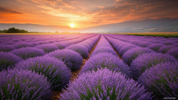 A field of vibrant lavender flowers stretching into the horizon under a glowing golden hour sky, desktop wallpaper 1920x1080 HD.