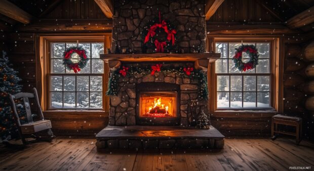 A fireplace in a rustic cabin, decorated with seasonal wreaths, a warm fire crackling inside.