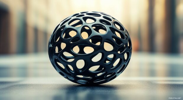 A floating 3D black orb with intricate, abstract surface patterns.