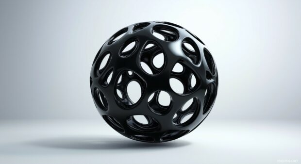 A floating 3D black orb with intricate, abstract surface patterns.