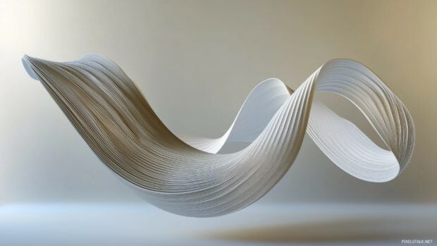 A floating 3D ribbon design with delicate curves and smooth textures, gracefully suspended in a minimalist environment.