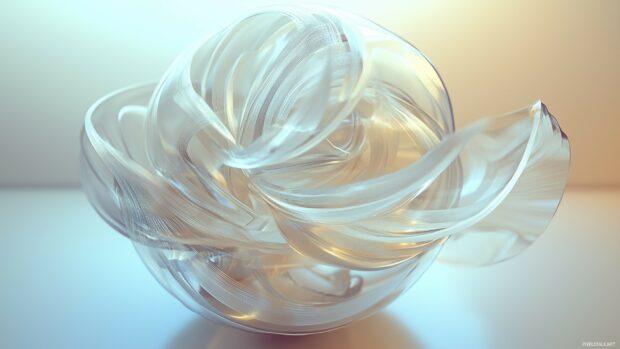 A floating 3D sphere with multiple layers, each slightly translucent, creating a soft, elegant abstract design in a neutral space.