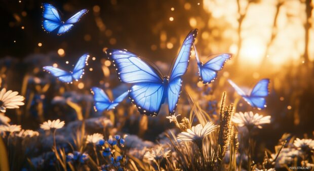 A flock of blue butterflies gracefully flying over a sunlit meadow.