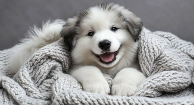 A fluffy Dog with a wagging tail and playful pose on a soft blanket.