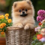 A fluffy Pomeranian dog sitting in a small wicker basket, surrounded by colorful flowers.