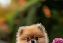 A fluffy Pomeranian dog sitting in a small wicker basket, surrounded by colorful flowers.