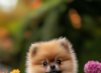 A fluffy Pomeranian dog sitting in a small wicker basket, surrounded by colorful flowers.