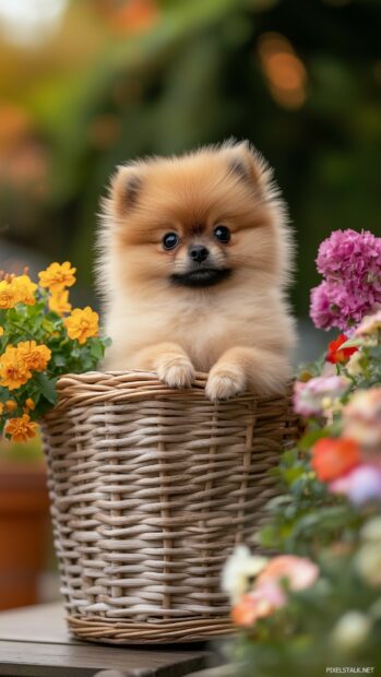 A fluffy Pomeranian dog sitting in a small wicker basket, surrounded by colorful flowers.