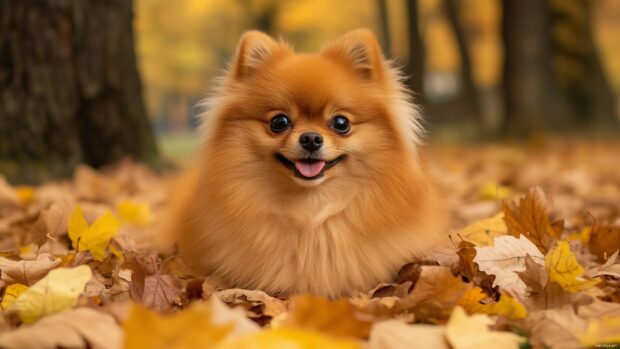 A fluffy Pomeranian playing in a pile of autumn leaves.