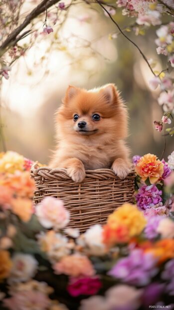 A fluffy Pomeranian puppy sitting in a small wicker basket, surrounded by colorful flowers.