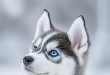 A fluffy Siberian Husky puppy with bright blue eyes, sitting in a snowy landscape.