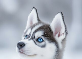 A fluffy Siberian Husky puppy with bright blue eyes, sitting in a snowy landscape.