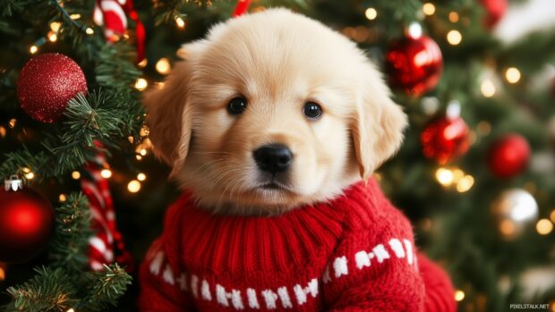 A fluffy puppy in a cozy Christmas sweater, sitting beside a beautifully decorated Christmas tree (2).