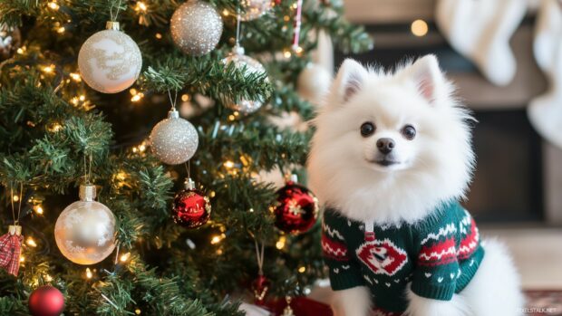 A fluffy puppy in a cozy Christmas sweater, sitting beside a beautifully decorated Christmas tree (3).