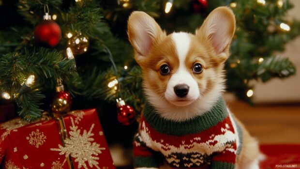 A fluffy puppy in a cozy Christmas sweater, sitting beside a beautifully decorated Christmas tree (4).