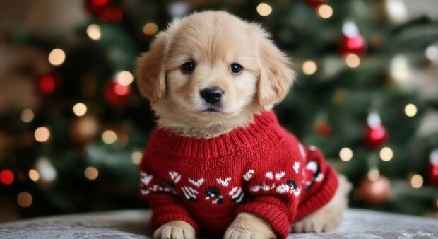 A fluffy puppy in a cozy Christmas sweater, sitting beside a beautifully decorated Christmas tree.