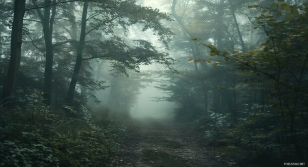 A foggy forest path with tall, ancient trees and a mystical atmosphere.