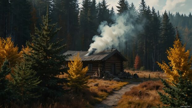 A forest cabin with smoke rising from the chimney in fall.