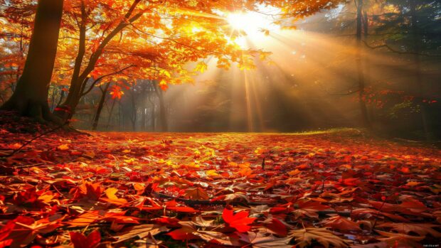 A forest clearing in autumn, with a blanket of fallen leaves and rays of sunlight breaking through the canopy.