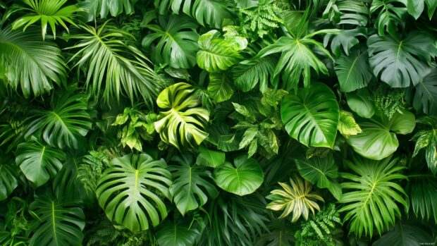 A fresh green leaf 4K wallpaper showcasing a lush arrangement of tropical leaves with a vibrant and natural look.