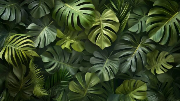 A fresh green leaf wallpaper 4K showcasing a lush arrangement of tropical leaves with a vibrant and natural look.