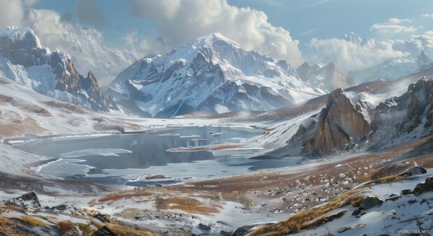 A frozen winter lake scene surrounded by snow capped mountains.