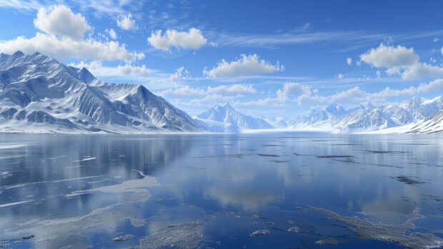 A frozen winter lake surrounded by snow capped mountains, 4K wallpaper.