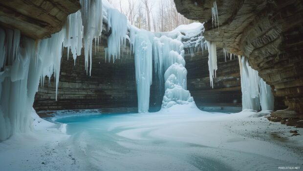 A frozen winter waterfall surrounded by ice and snow.