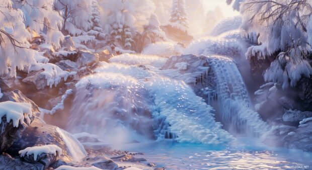 A frozen winter waterfall surrounded by ice and snow, PC wallpaper.