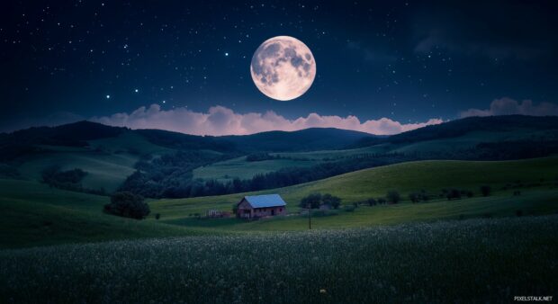 A full moon casting its soft light over a picturesque countryside.