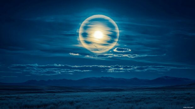 A full moon encircled by a halo of clouds, casting an ethereal light over a vast, open landscape.