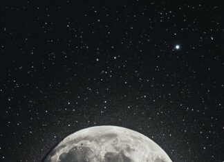 A full moon glowing softly, surrounded by minimal star patterns in a clean, sophisticated night sky.