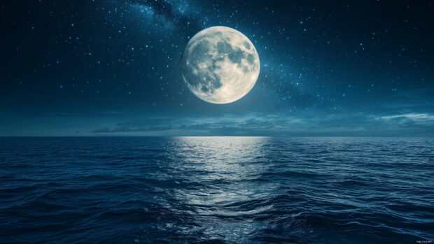 A full moon illuminating a calm, starry night sky over a serene ocean, with soft reflections on the water.