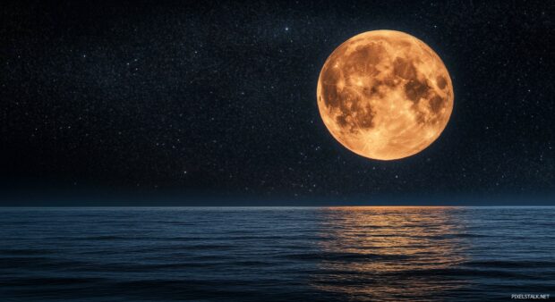 A full moon illuminating a calm, starry night sky over a serene ocean, with soft reflections on the water.