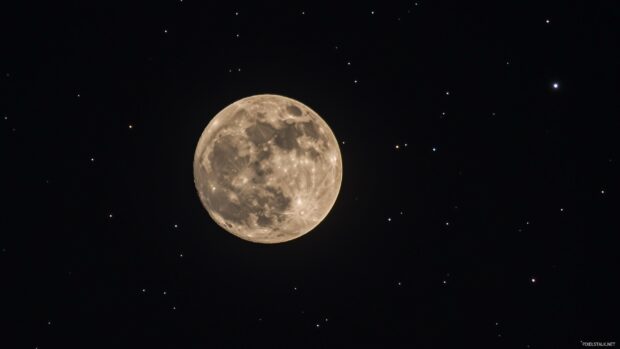 A full moon illuminating a clear night sky, with delicate constellations scattered around.