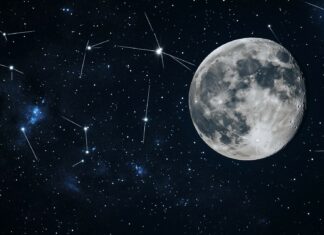 A full moon illuminating a clear night sky, with delicate constellations scattered around.