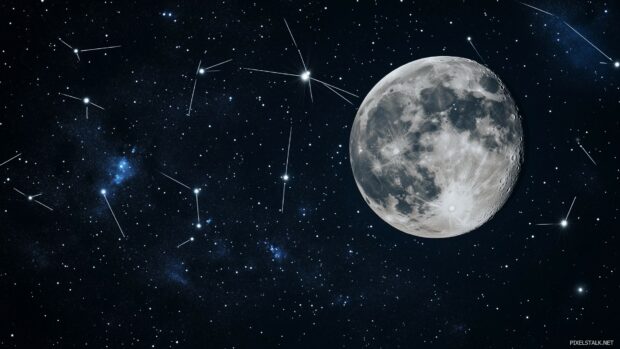 A full moon illuminating a clear night sky, with delicate constellations scattered around.