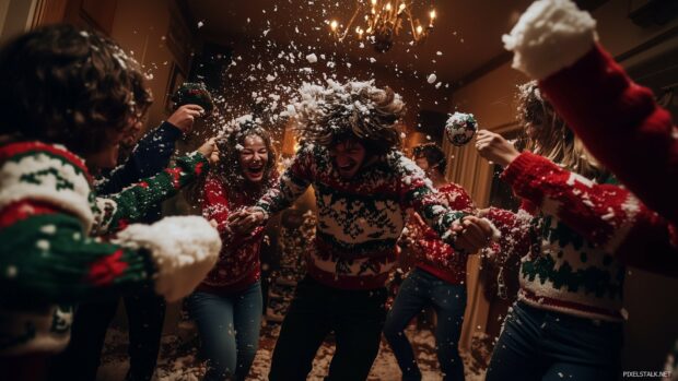 A funny Christmas party scene where a group of friends in silly holiday sweaters are having a snowball fight indoors, with snow flying and laughter filling the room.