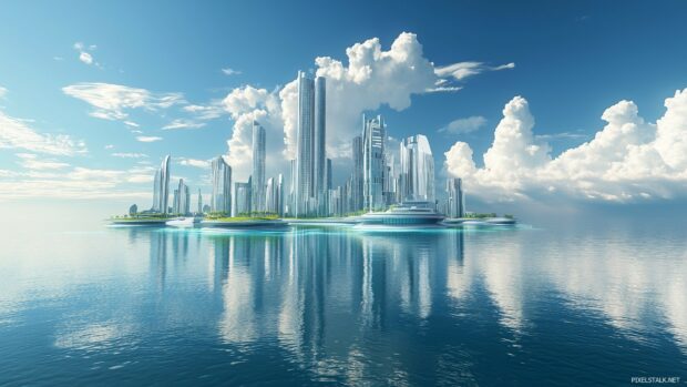 A futuristic 3D city built on water, with floating buildings, sky bridges, and reflections shimmering in the clear blue ocean.