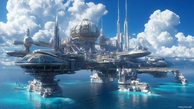 A futuristic 3D city built on water, with floating buildings, sky bridges, and reflections shimmering in the clear blue ocean.