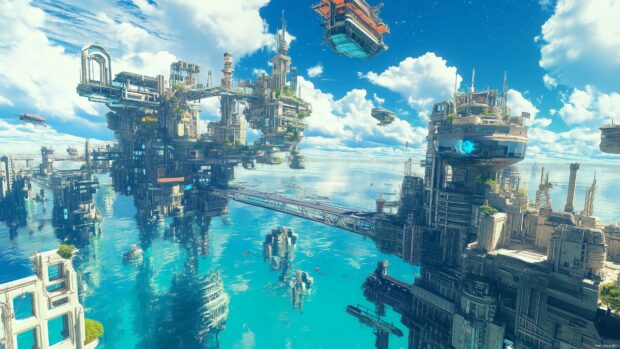 A futuristic 3D city built on water, with floating buildings, sky bridges, and reflections shimmering in the clear blue ocean.