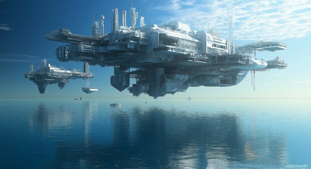 A futuristic 3D city built on water, with floating buildings, sky bridges, and reflections shimmering in the clear blue ocean.