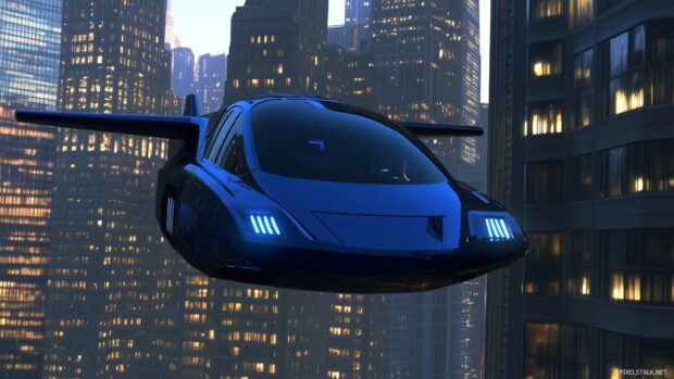 A futuristic 3D flying car soaring above a cyberpunk city.