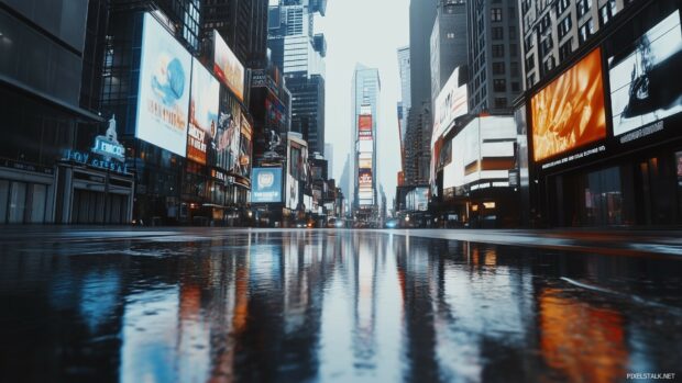 A futuristic Cyberpunk city scene featuring sleek high tech buildings, glowing advertisements, and a reflective wet street surface.