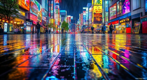 A futuristic Neon City at night with bright neon lights reflecting off wet pavement, featuring iconic neon advertisements and bustling urban life.