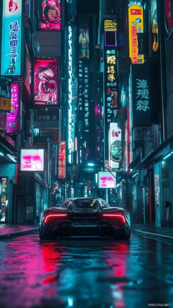 A futuristic concept car driving through a cityscape of neon lights and futuristic buildings, car wallpaper phone.